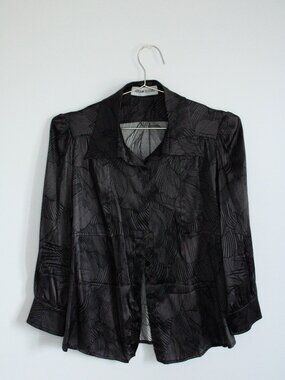 Adriana Iglesias Blouse Womens SML Black Silk Abstract Floral Semi Sheer